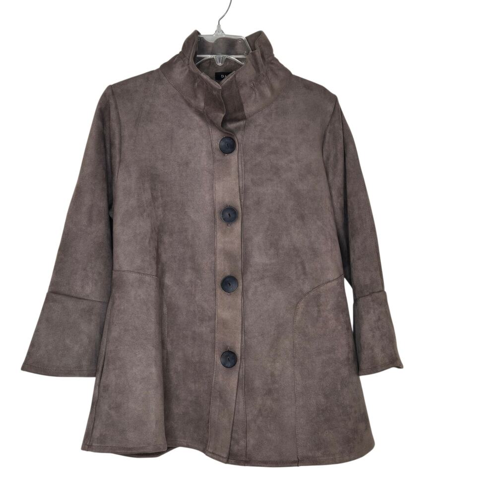 Damee Mock Funnel Neck Micro Faux Suede Jacket Taupe Brown Medium A-Line Swing - Picture 9 of 9